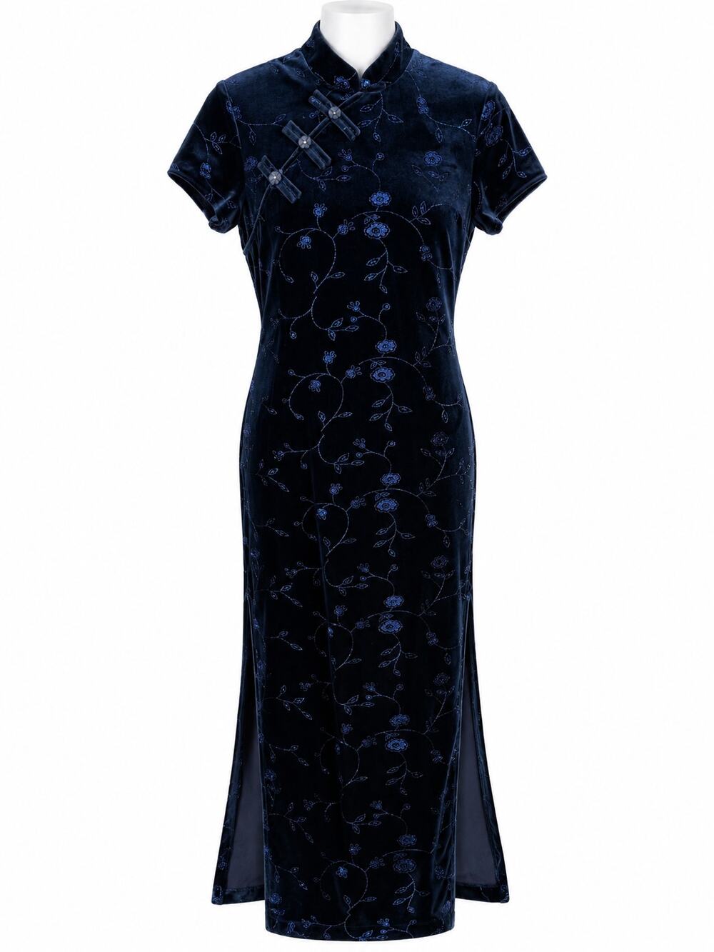 Mandarin Collar Velvet Sheri Martin Floral Embroidered Vintage 90s Dress 10P
